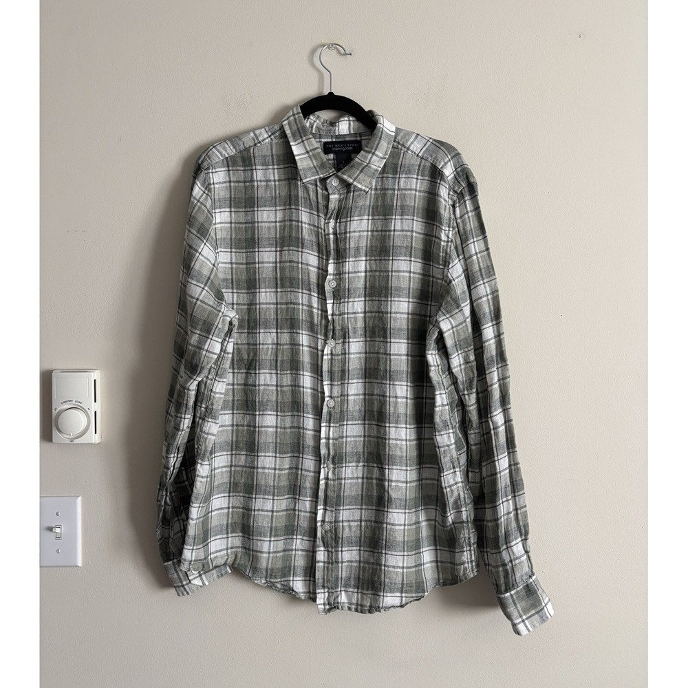 Bloomingdales The Mens Store LARGE Linen Button Up Shirt Long Sleeve Green Plaid